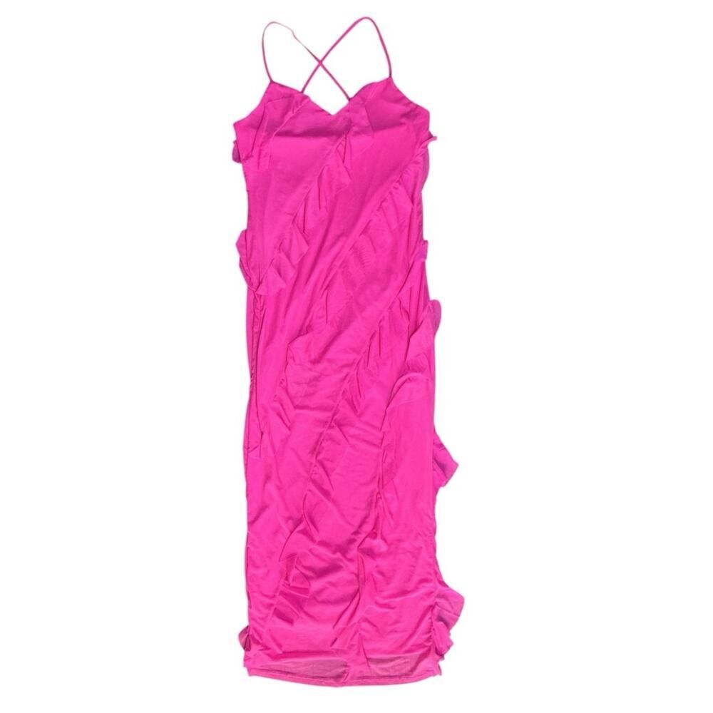 Sincerely Jules Hot Pink Ruffle Maxi Dress Crisscross Back Bodycon Size Large